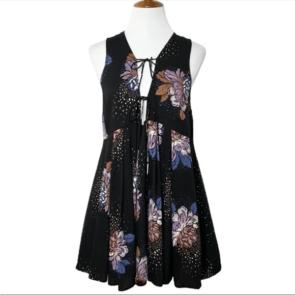 Free People Lovely Day Printed Tie Tunic Dress Black Combo Plunging - Picture 8 of 14